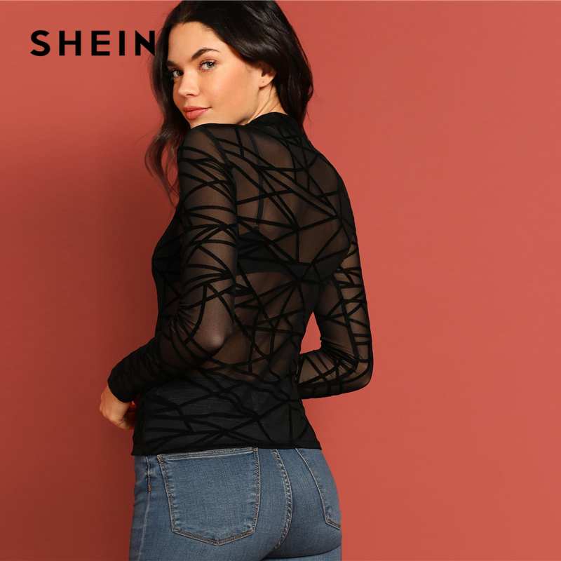 Shein Sexy Black Mock Neck Sheer Mesh Geometric Top Without Bra Long