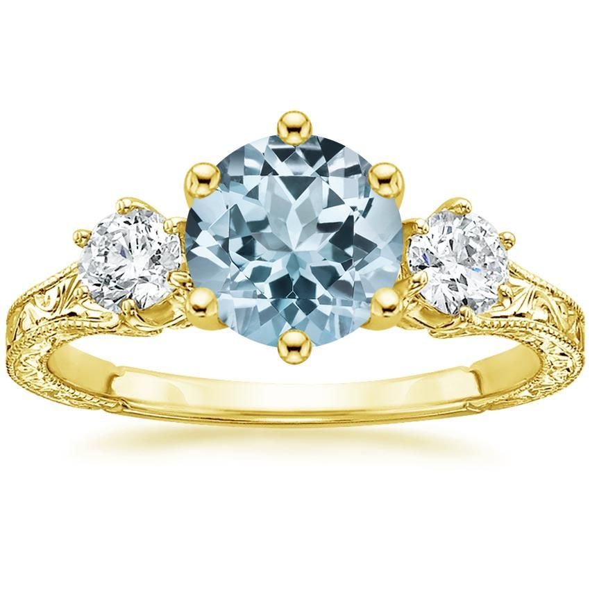 14K Yellow Gold Plated 3/8Ct Round Cut Aquamarine & Diamond Engagement ...