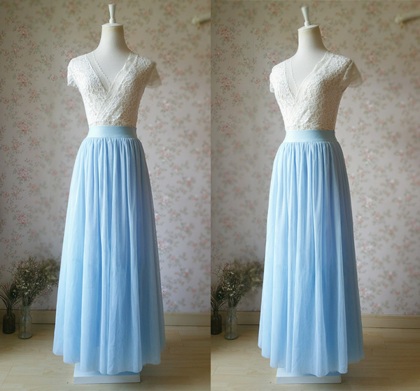 Light Blue Wedding Tulle Skirt High Waisted Full Long Tulle Skirt
