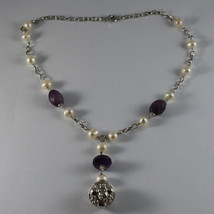 .925 SILVER RHODIUM NECKLACE WITH PURPLE AMETHYST, WHITE PEARLS AND PENDANT image 2