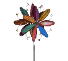 Flower Wind Spinner Stake 84" High Iron Multicolored Layered 3-Pronged Dual Spin image 2