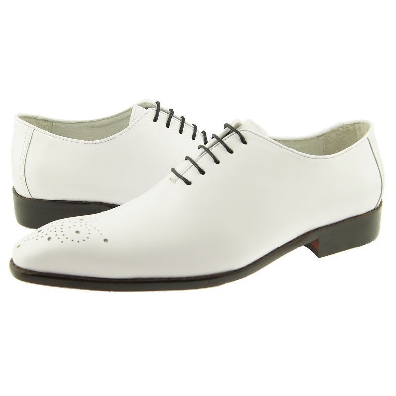 New Men White Medallion Toe Black Sole Lace Up Derby Genuine Leather Shoes