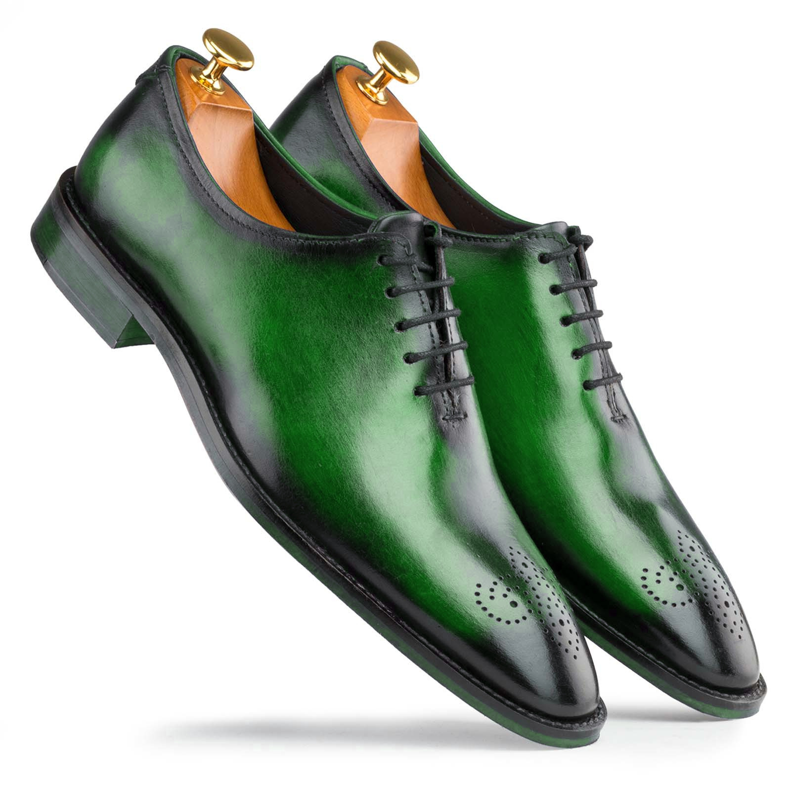 Green Burnished Brogues Toe Oxford Handmade Genuine Leather Men Lace Up Shoes