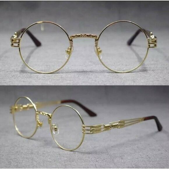 Mens CLASSIC VINTAGE RETRO Style Clear Lens EYE GLASSES Round Gold Fashion Frame