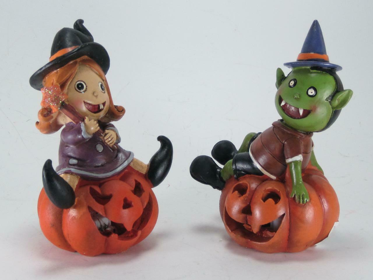 Girl Witch & Green Goul Halloween Figurine Set with LED Lighted ...