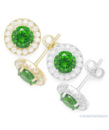 Green Round Cut Cubic Zirconia Halo Faux Emerald Sterling Silver Stud Ea... - $32.77+