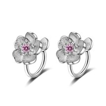 Crystal Korea Style Cherry Blossom Flower Clip on Earrings No Hole Ear Clip - $5.93