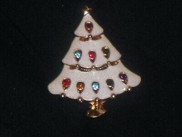 White Iridescent Enamel CHRISTMAS TREE Pin Brooch Multi-Color Stones 2&quot; - $14.99