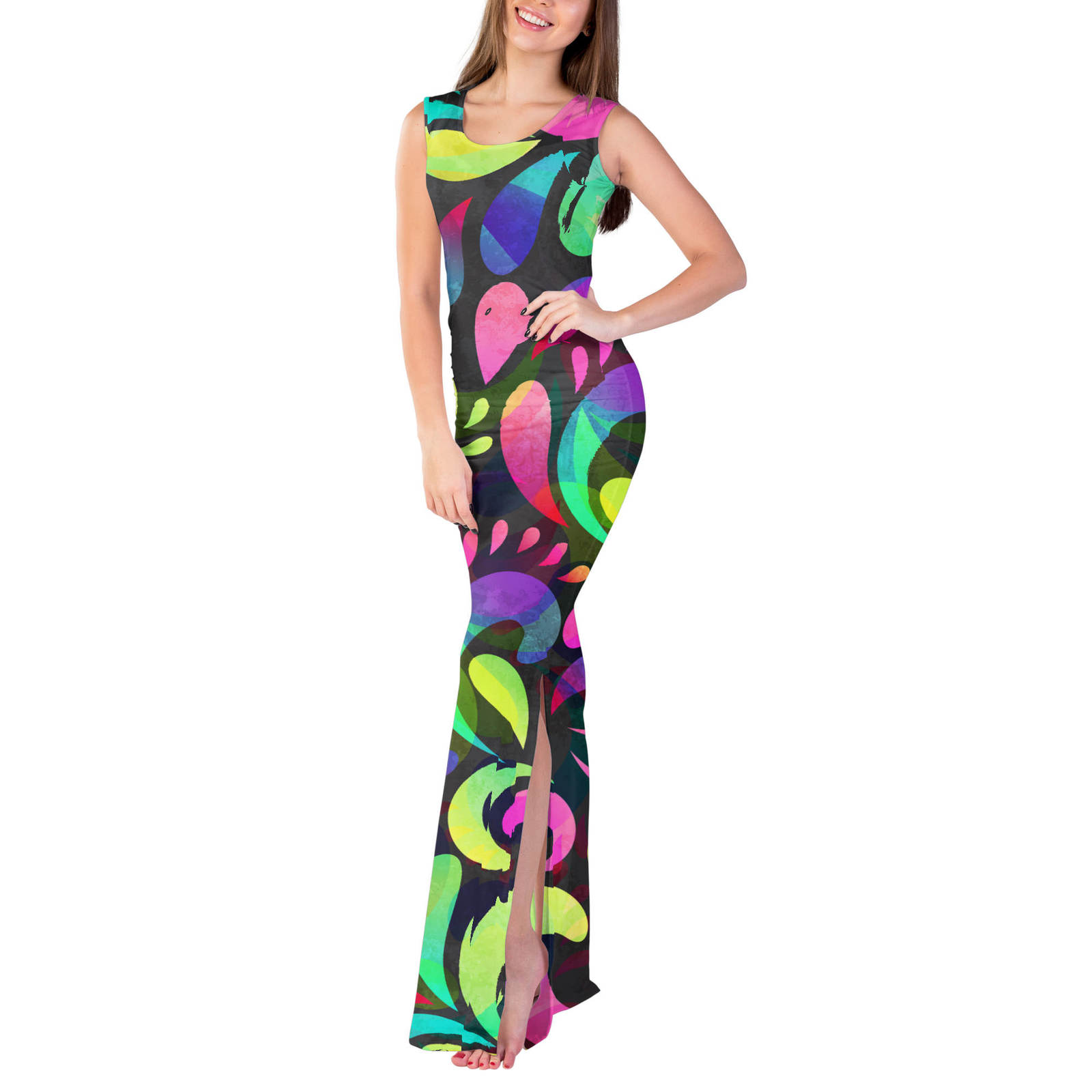 Neon Watercolor Swirls Fitted Split Maxi Dress - Dresses