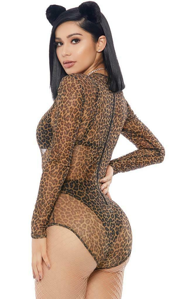 Leopard Print Bodysuit Long Sleeves Zipper Closure Sheer Mesh Layering