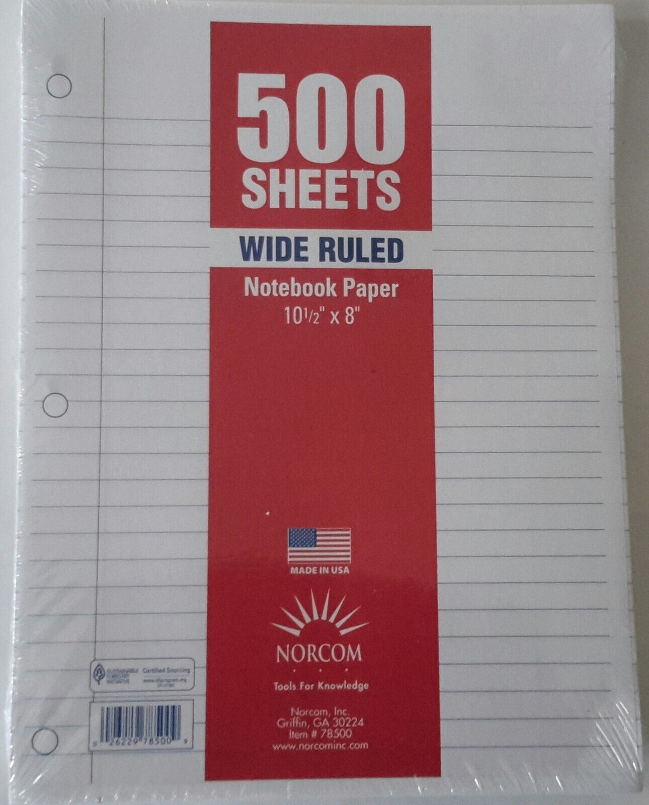 Norcom Wide Ruled Notebook Paper 500 Sheets ~ 10.5 x 8 Sealed in Original Wrap