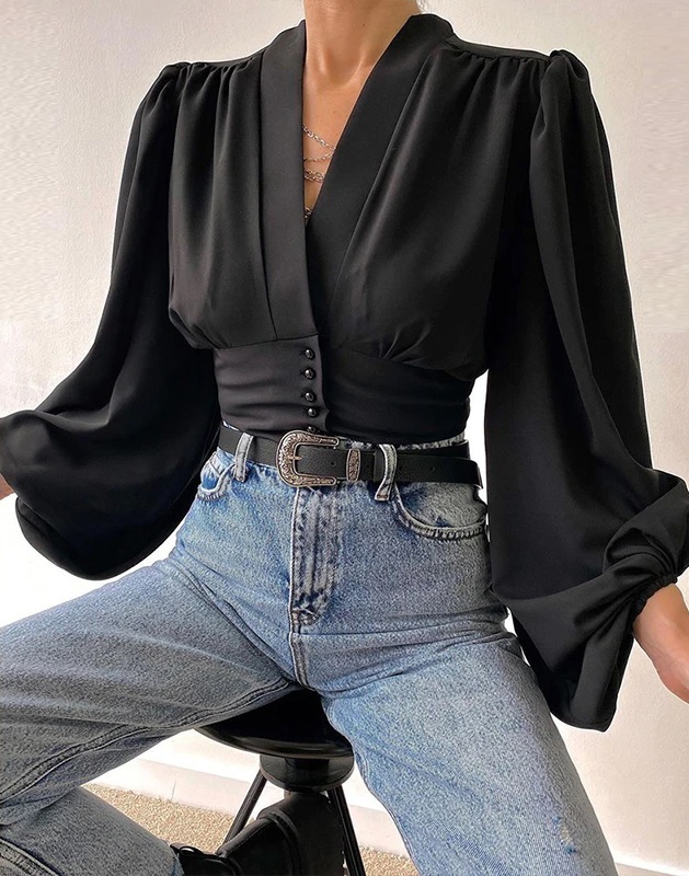 New black sexy V neck long sleeve button down elegant women blouse feminine top