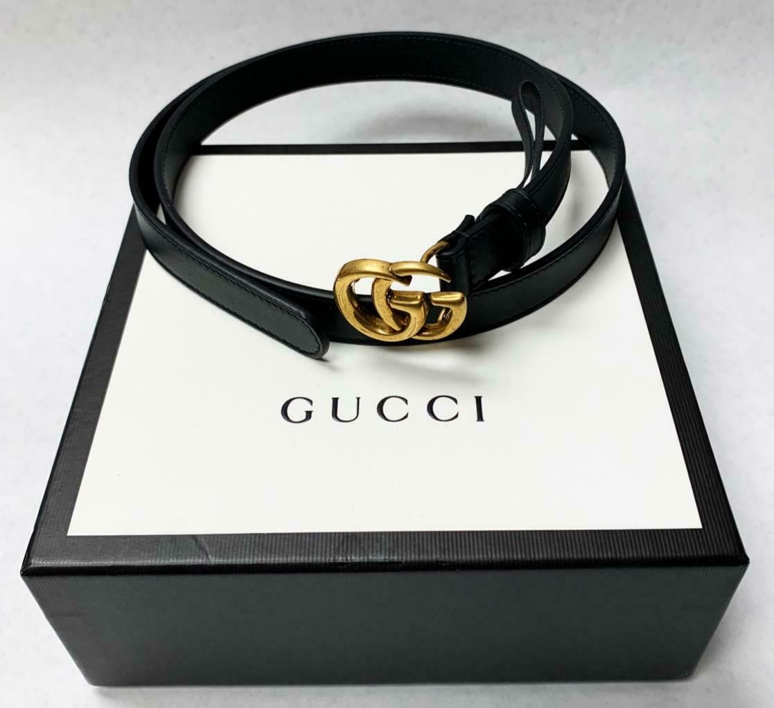New Gucci  Women s Thin Black Leather 32 Belt  with Box  and 