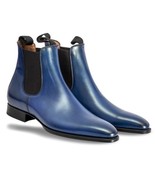 Handmade Men&#39;s Navy Blue High Ankle Chelsea Leather Boots - $149.99