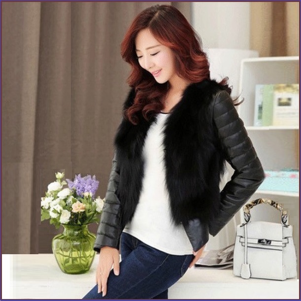 Black PU Leather Long Sleeve Faux Fur Vest Back n Front Short Waist Coat Jacket