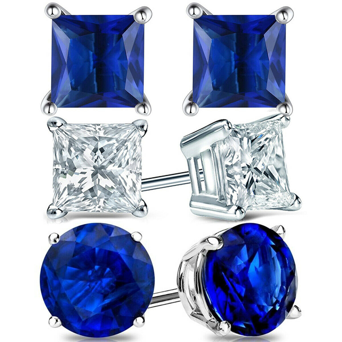 Princess Blue Sapphire Stud Earrings 14K White Gold Over