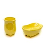 Vintage Bright Yellow Ceramic Glaze Toothbrush and Soap Dish Holder Set ... - $29.67