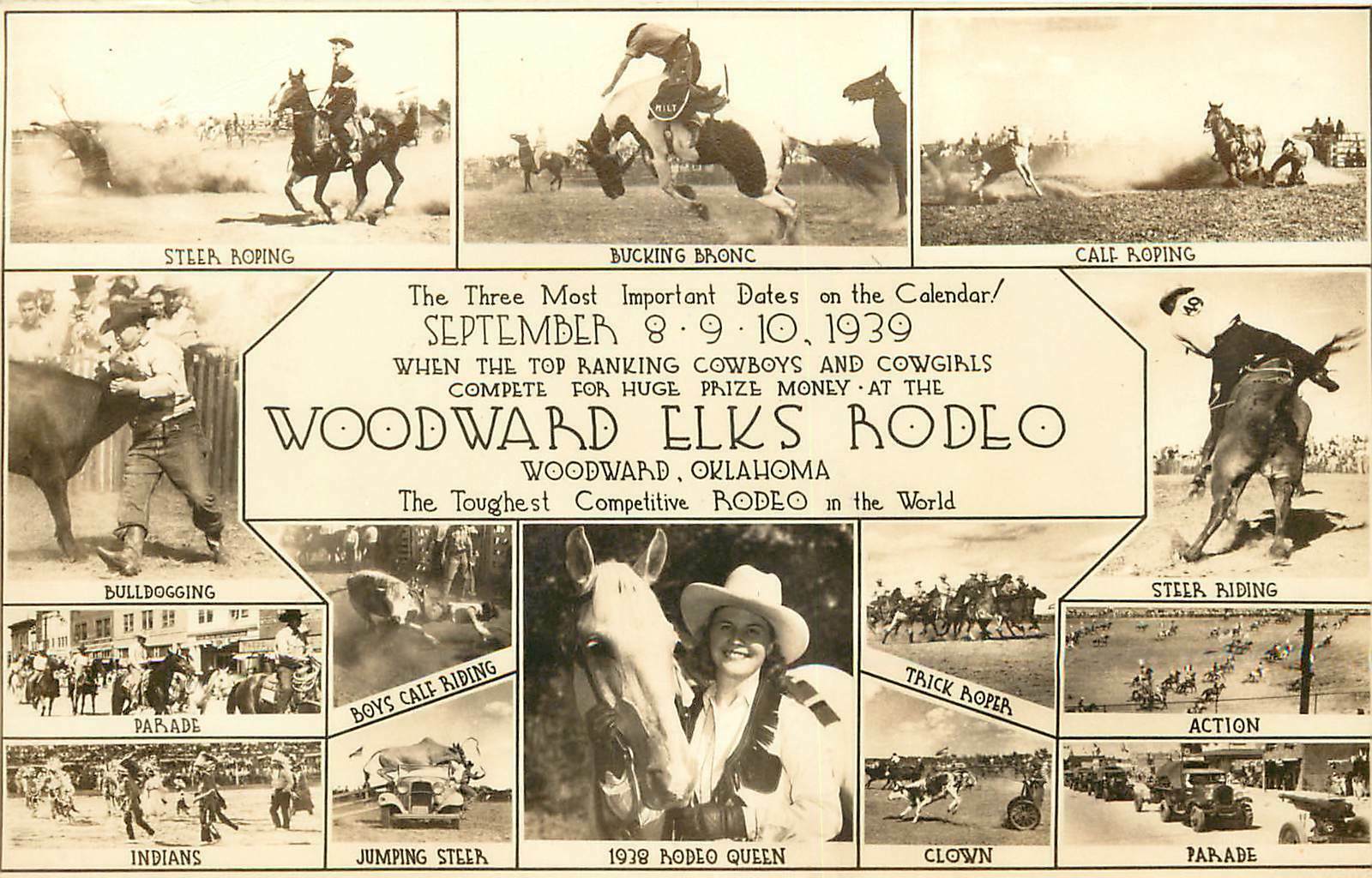 1939 RPPC Multiview Woodward Elks Rodeo, Woodward OK 14 Attractions Depicted Postcards & Supplies