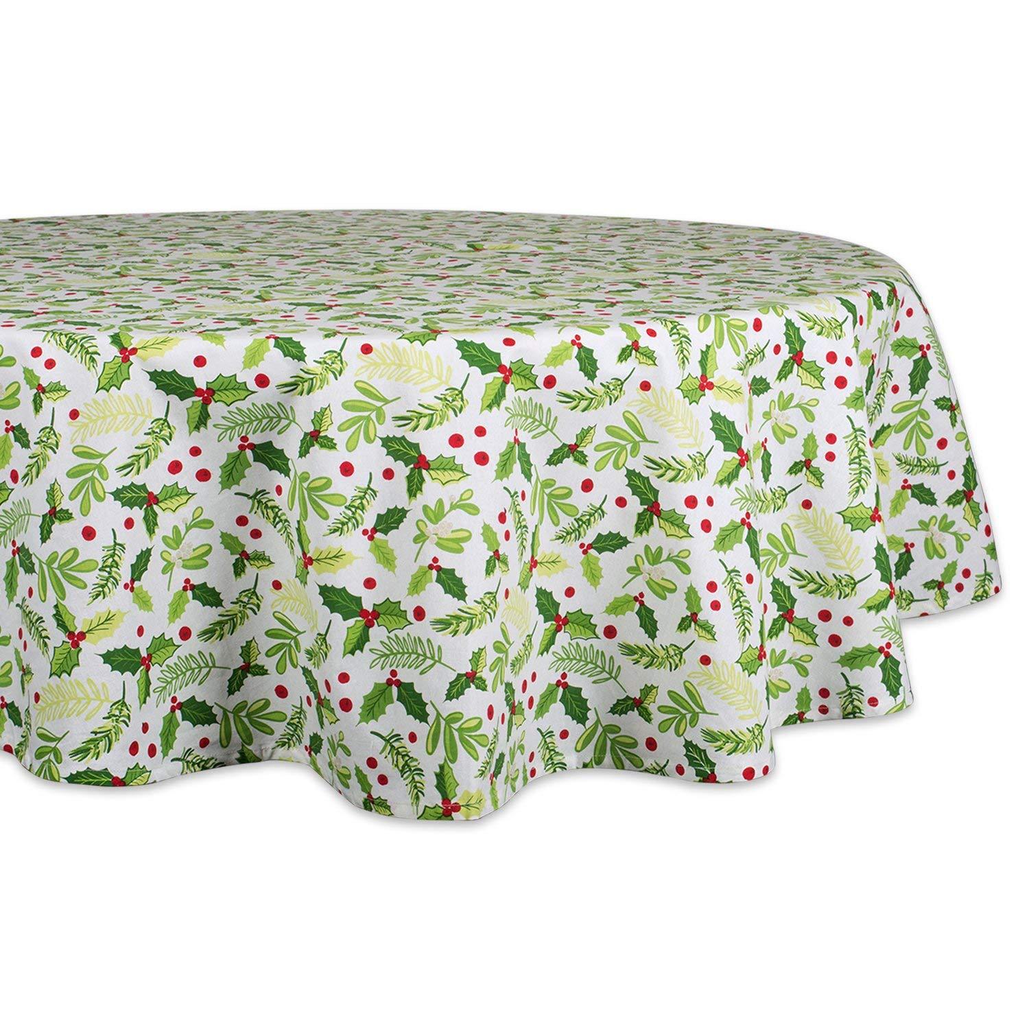 DII 70" Round Cotton Tablecloth, Boughs of Holly Perfect for Dinner