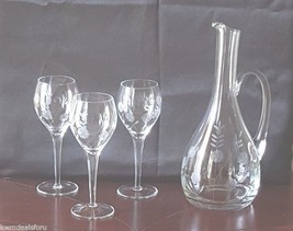 Collectible Clear Glass Embossed Flowers Wine Decanter 3 Matching Goblets - $29.02