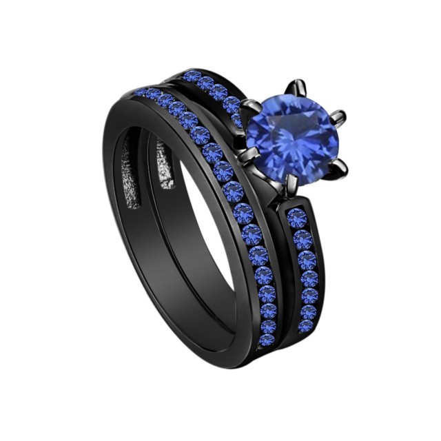 1.35CT Blue Sapphire 14K Black Gold Finish 925 Pure Silver Engagement Ring Set Diamonds