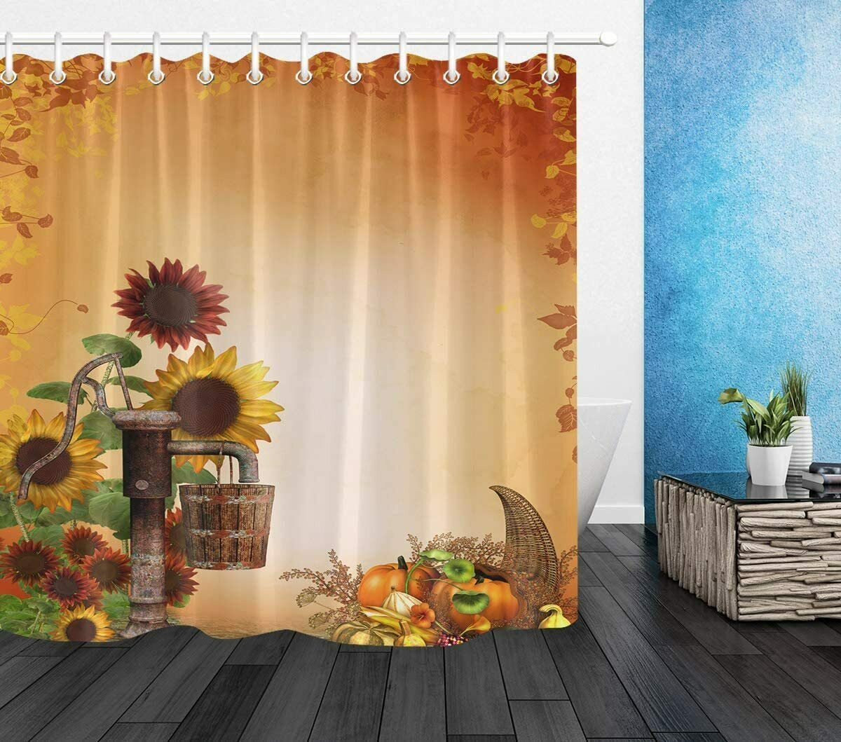 Orange Brown Sunflower Pumpkin Autumn Farmhouse Country Fabric Shower ...