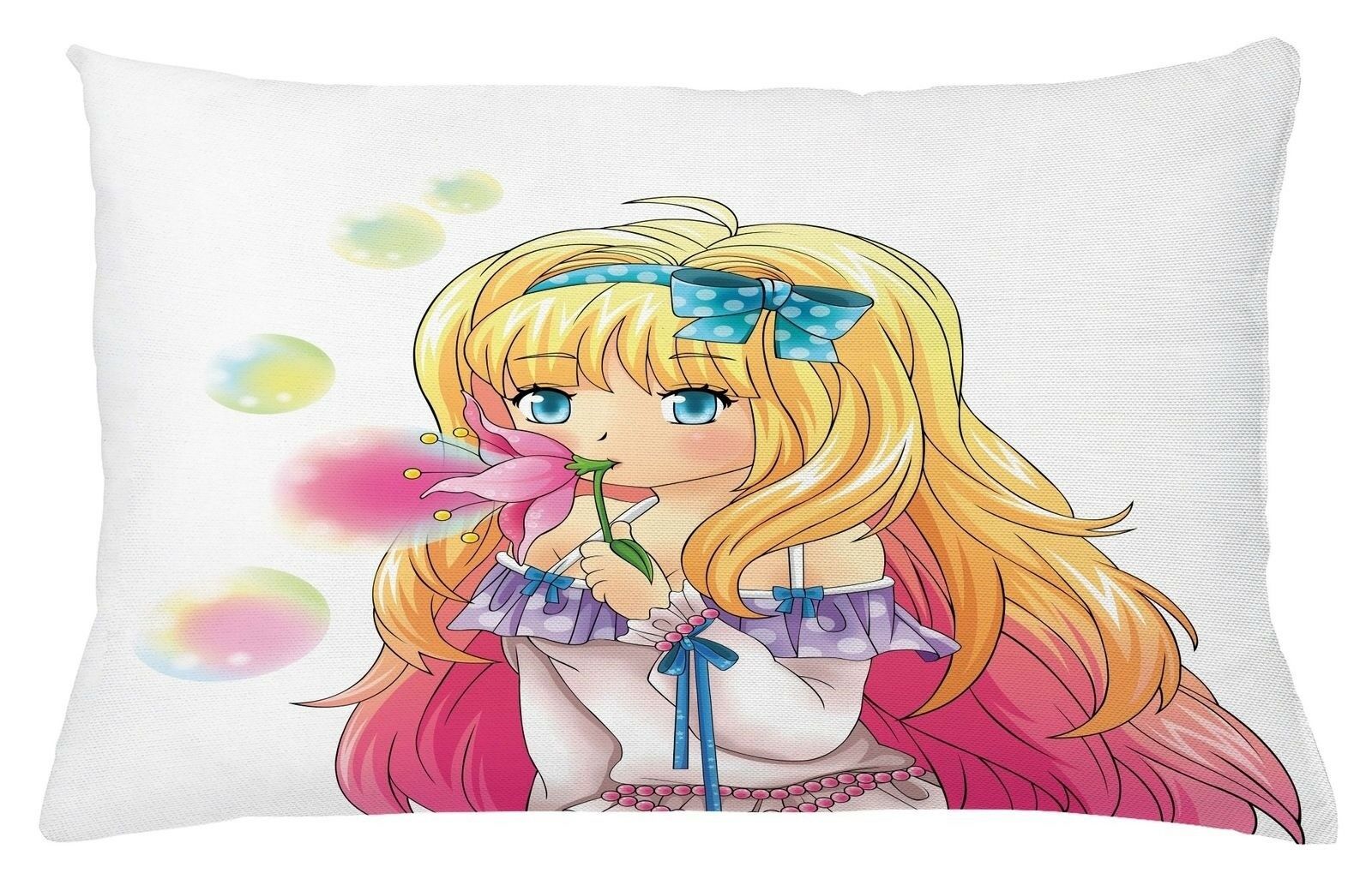 Anime Pillow Case Girl Teens Cartoon Square Throw Cover Flower Ribbon