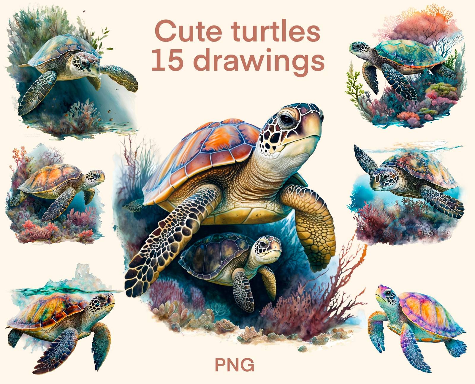 Cute turtles Watercolor clipart, Undersea world digital print, Sea ...