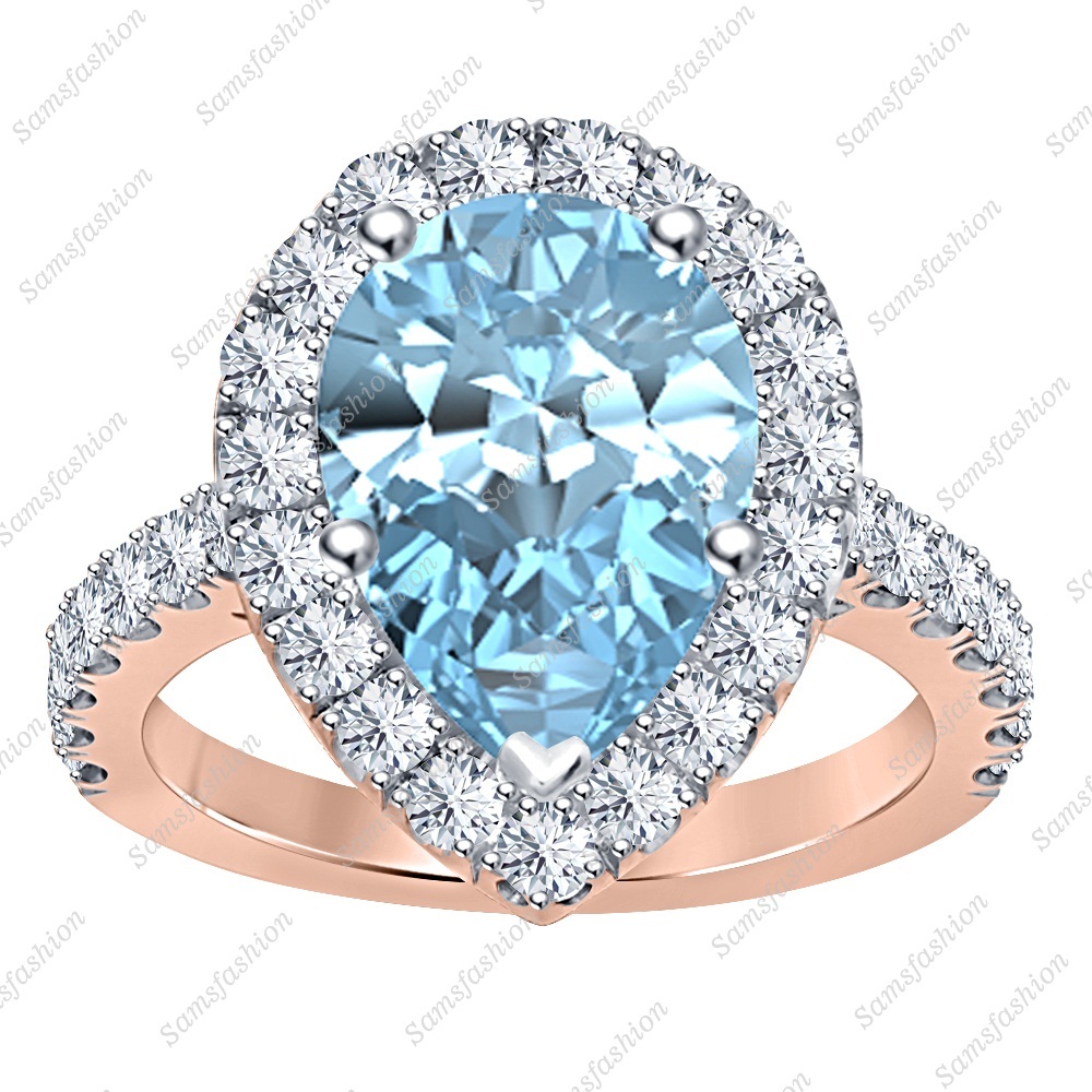 Pear Aquamarine & Dia 14k Rose Gold Over 925 Sterling Silver Promise Halo Ring