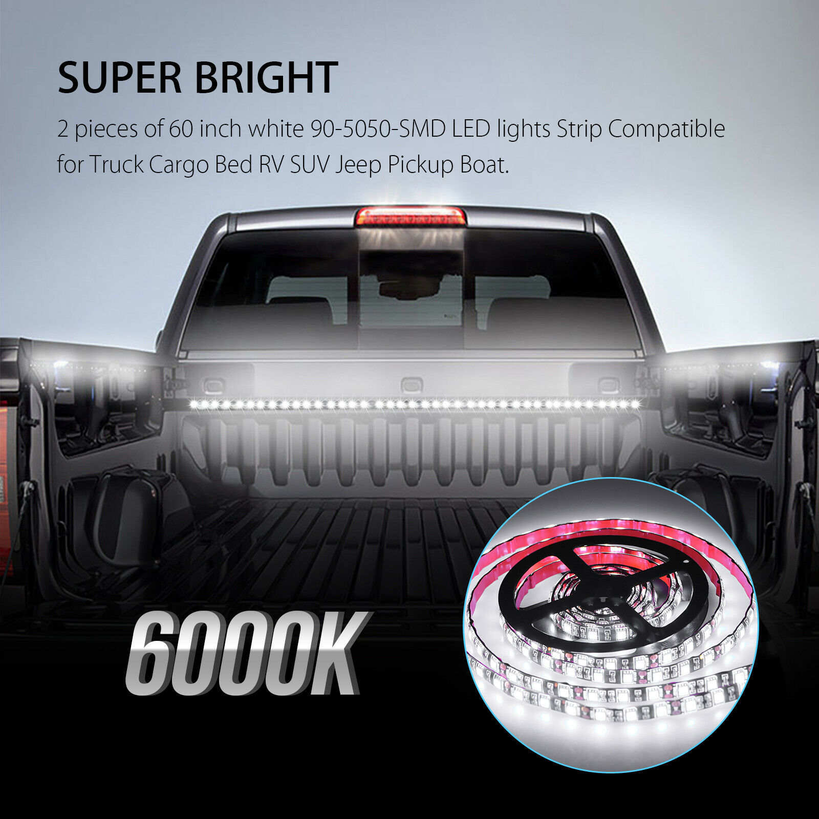 2X 60" White LED Pickup Truck Bed Lighting Kit w/Switch Super Bright