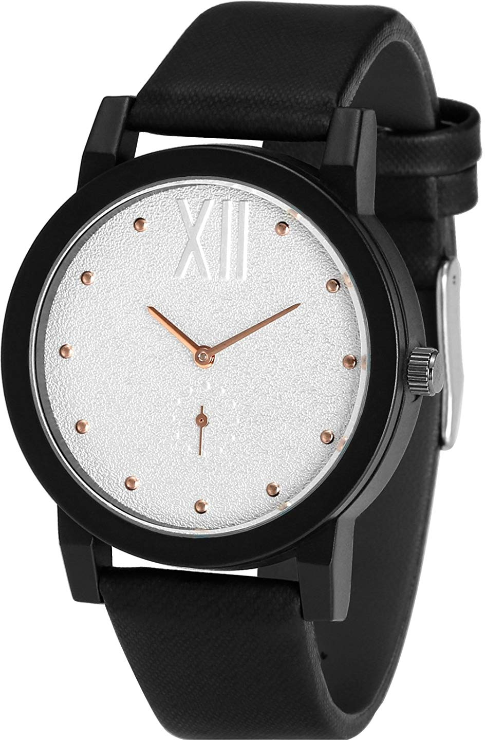 A1011 Round Watch Dial Leather Watchband Quartz Mens Wrist Watch (Black)