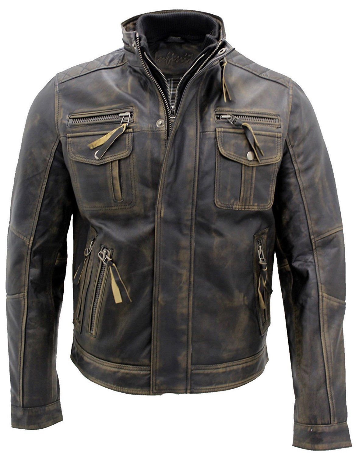 Brown Cafe Race Men Genuine Leather Distressed Seven Pockets Motorcycle Jacket