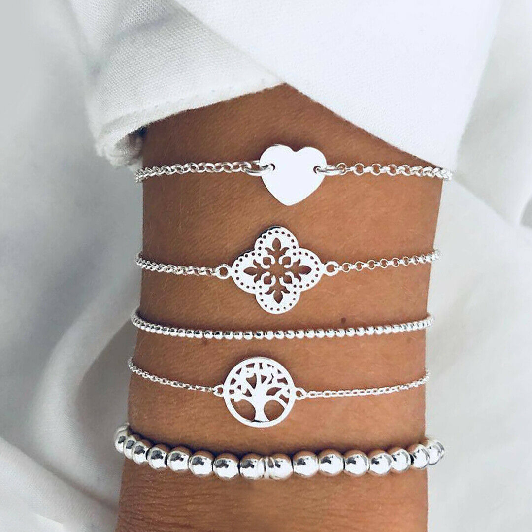 Silver Charm - 925 sterling silver beaded chain women's bracelet stars heart tree of life charm