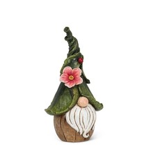 Gnome Statue with Ladybug Flower Hat White Beard 12" High Poly Resin Green image 2