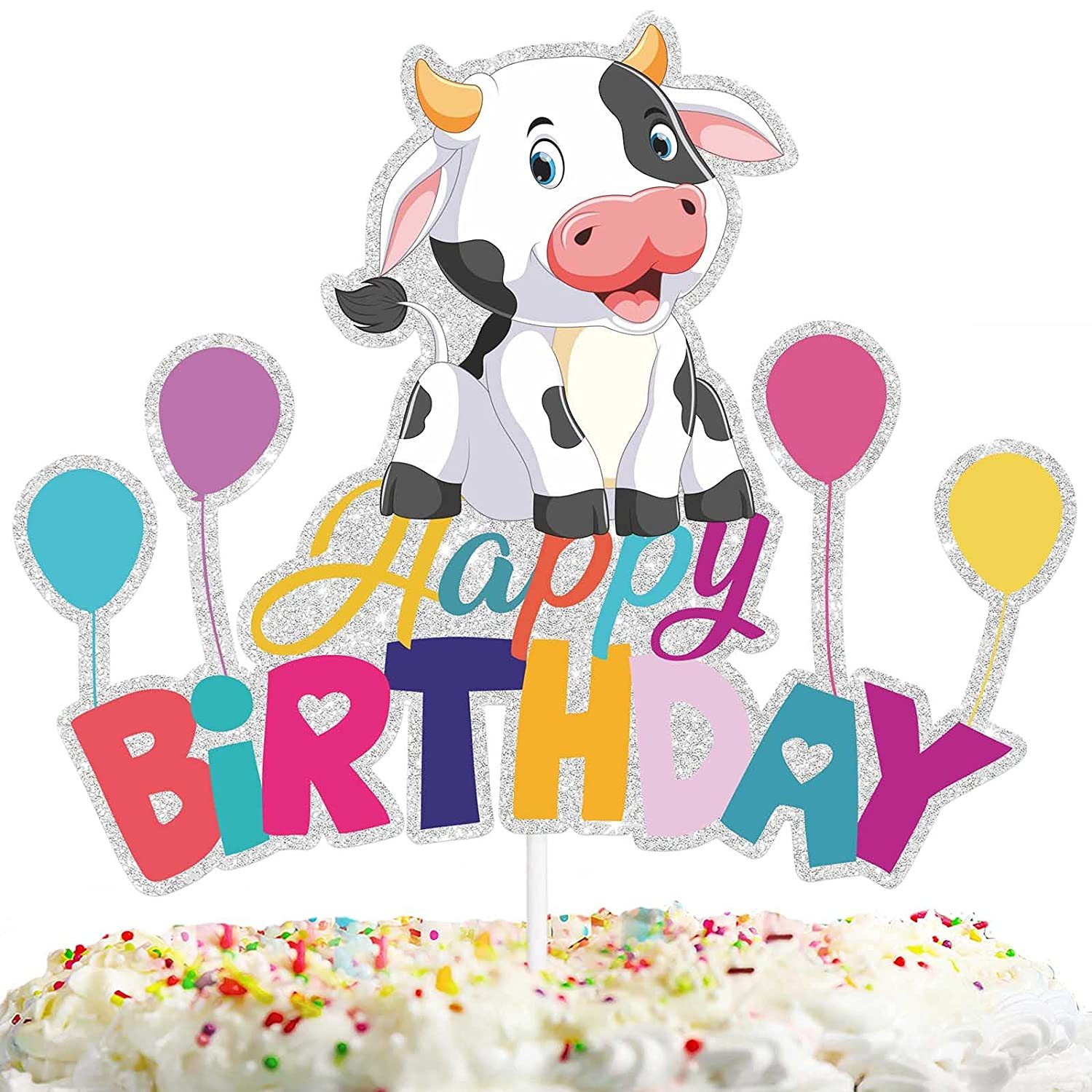 Cow Happy Birthday Cake Topper Colorful Glitter Baby Shower Theme Deco