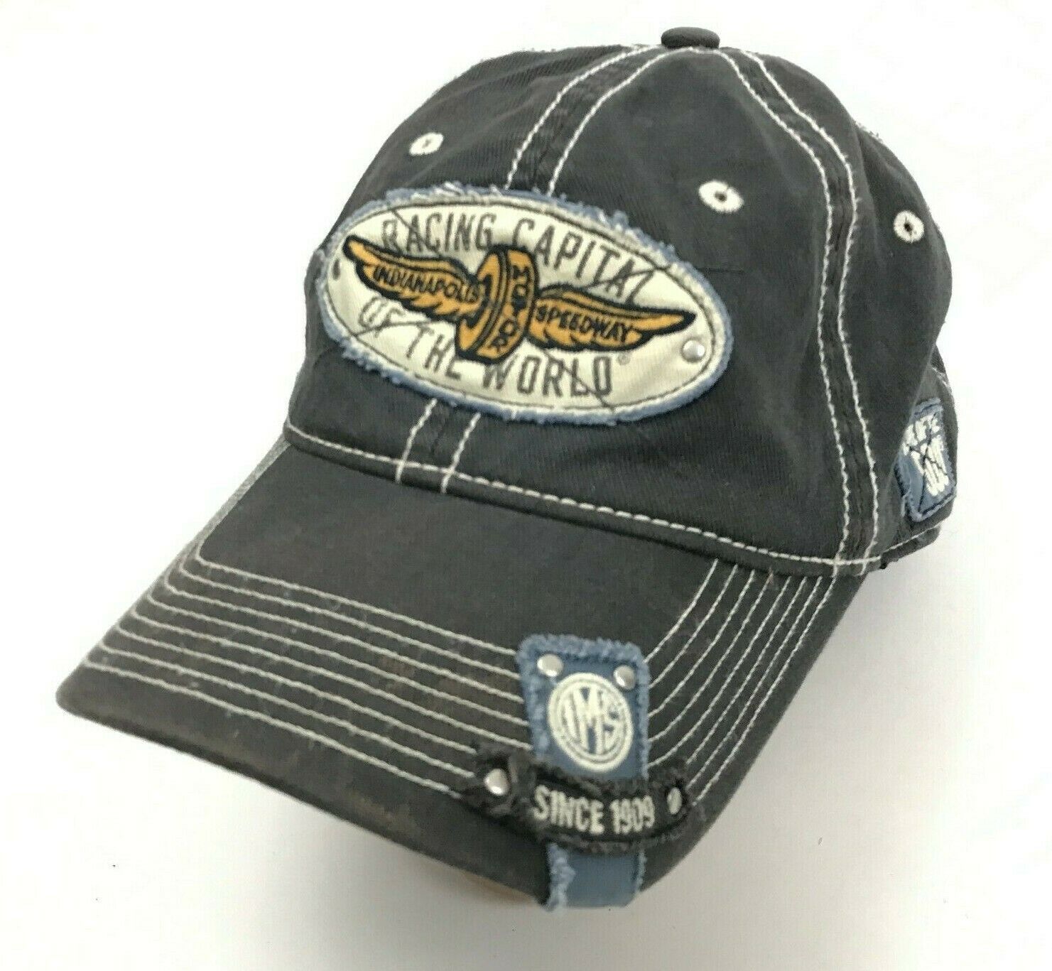 VINTAGE Indianapolis Motor Speedway Hat Cap Stretch Fit Blue Distressed