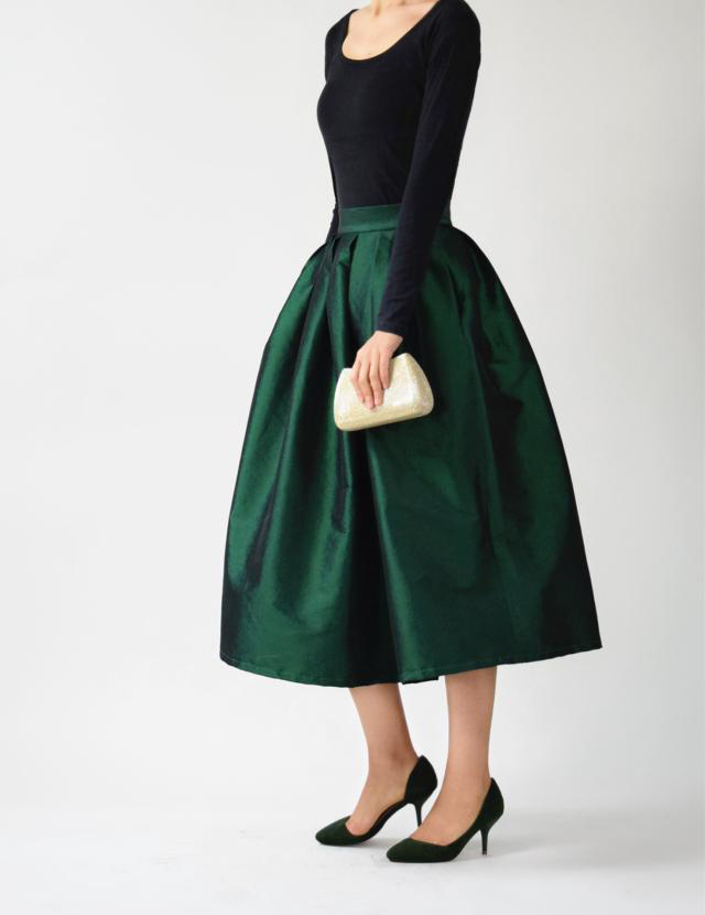 A Line Pleated Taffeta Skirt Ruffle Plus Size Pleated Skirt Emerald Green Red Midi Skirt 6672