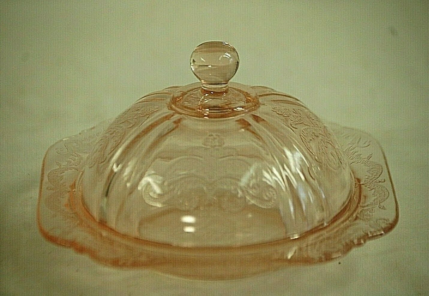 pink depression glass butter dish with lid