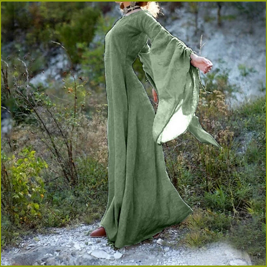 Medieval Wide Long Sleeved Floor Length Green Linen Gothic Chemise Undergarment