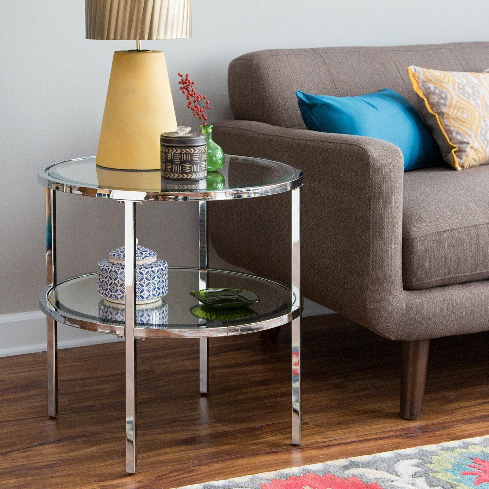Contemporary Glam Metal Glass Metallic Silver Round End Table W Shelf Furniture Tables