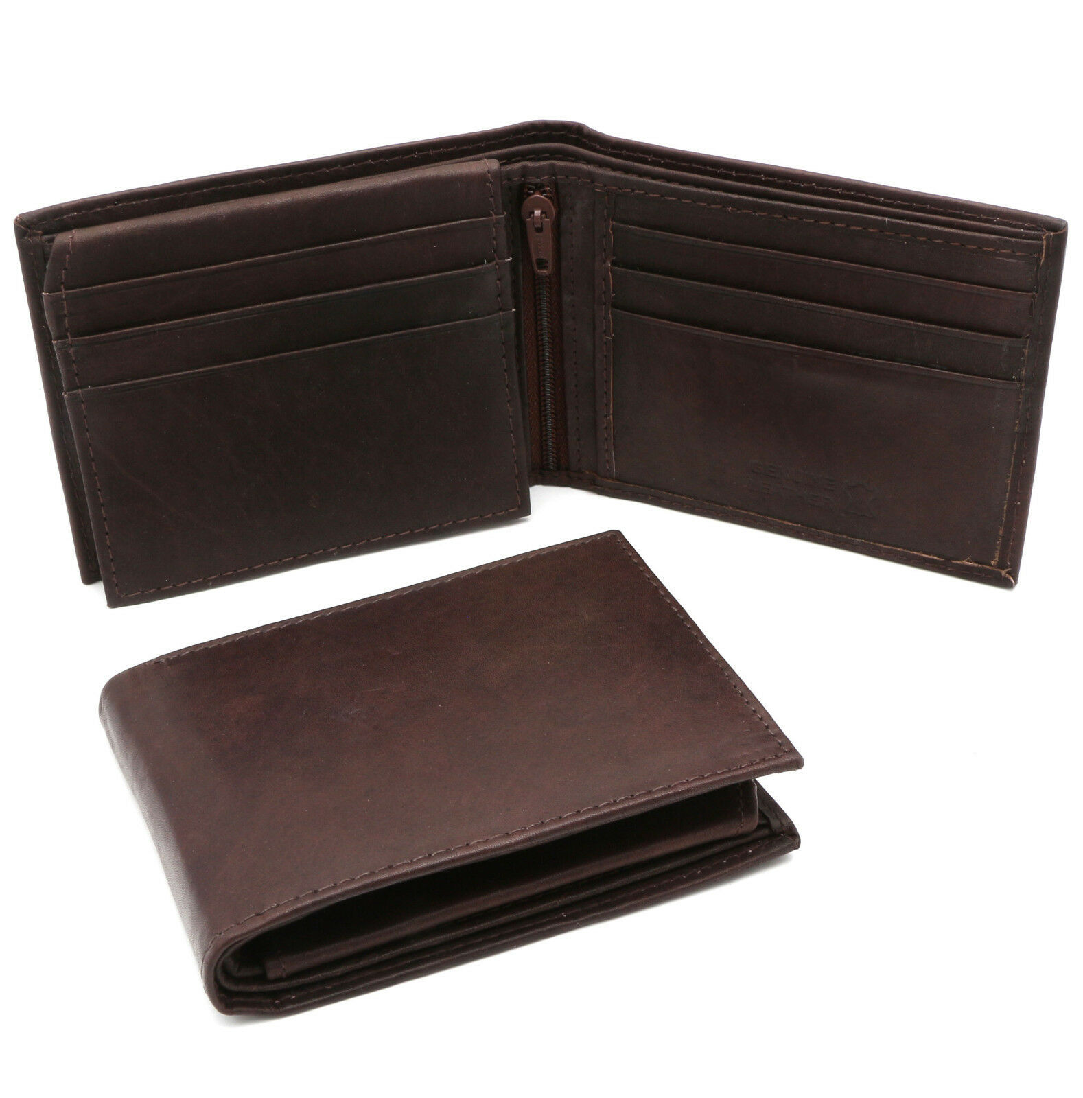Bifold Hand Crafted Genuine Leather Plain Brown Wallet With Zip - 6 ...