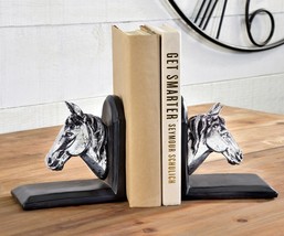 Silver Horse Head Bookends Set 5" High Brown Bases Country Library Books Read image 2
