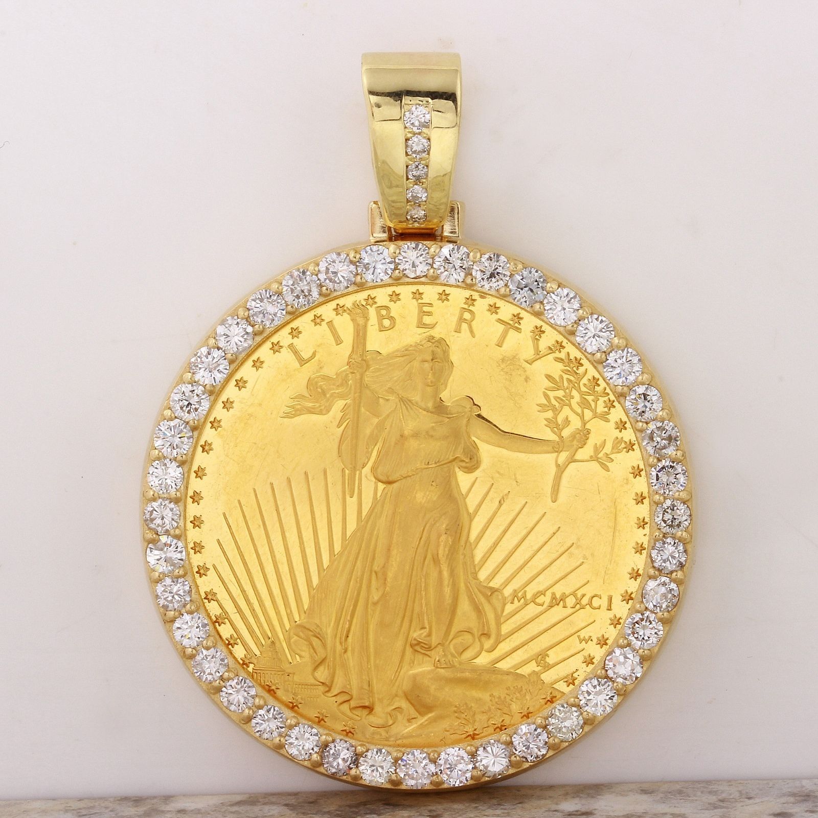 1991 1 oz Gold American Eagle BU (MCMXCI) & 3.30Ct Diamond Coin Pendant ...