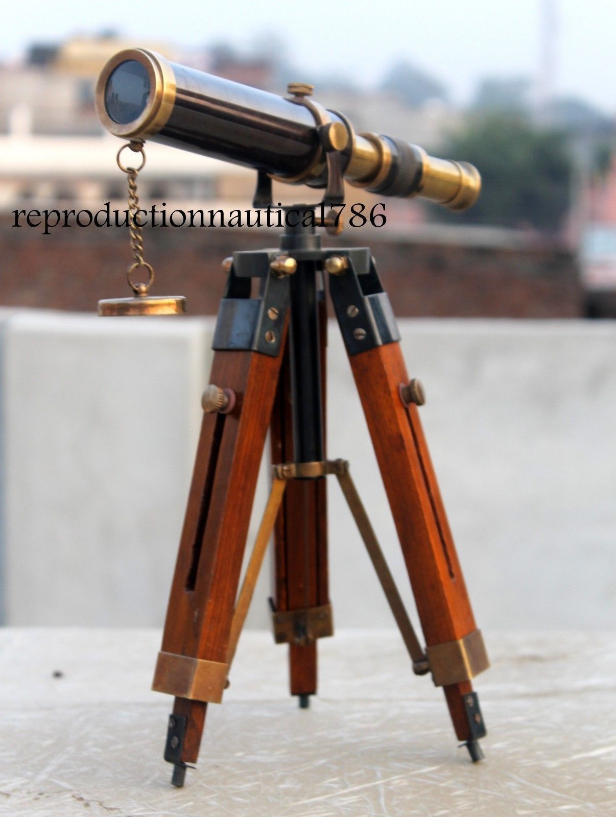 Design Antique Brass Telescope With Wooden Tripod Marine Pirate