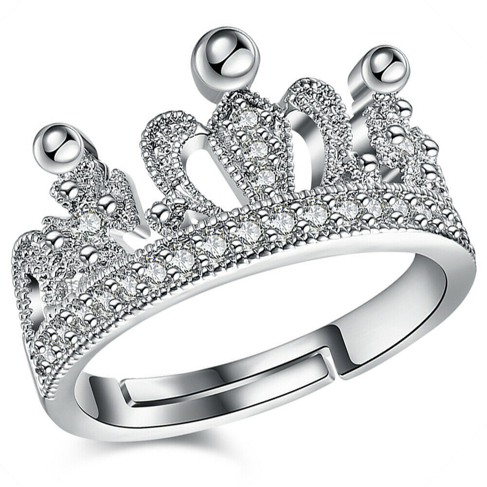 .925 Sterling Silver Princess Tiara Love Heart Crown Fashion Band Ring Size 5-10