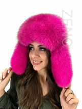 Blue Fox Fur Hat With Suede Trapper Saga Furs Ushanka Aviator Hat Pink Fur Hat image 4