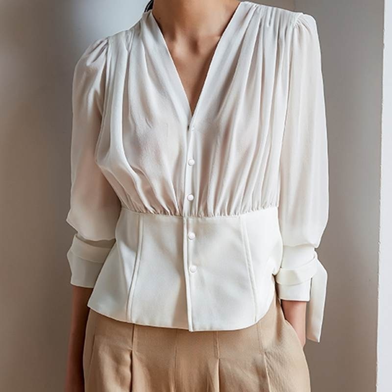 New white V neck button down long sleeve women blouse plus size shirt spring
