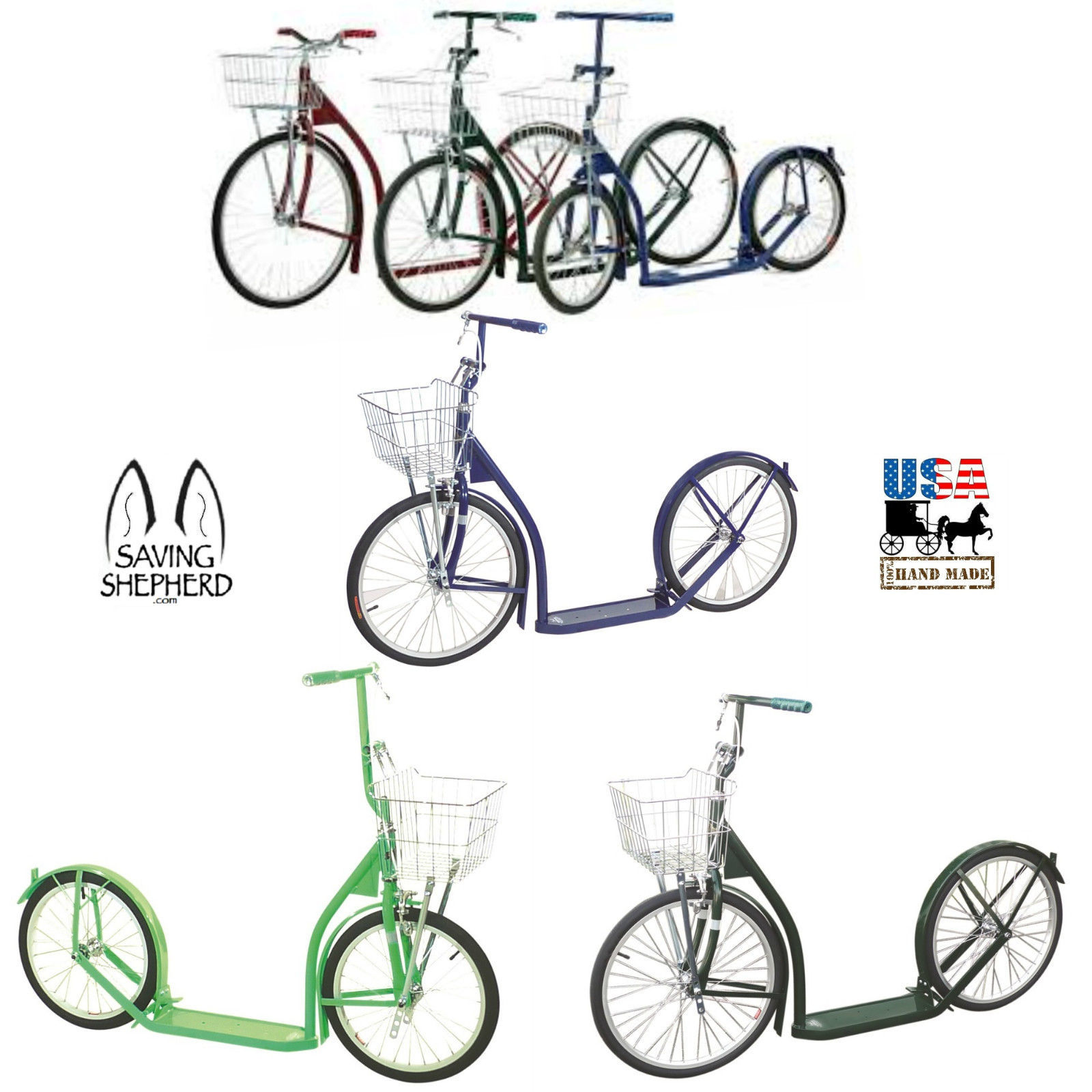 16" AMISH KICK SCOOTER HUNTER GREEN Foot Bike w/ Basket & Brakes MADE