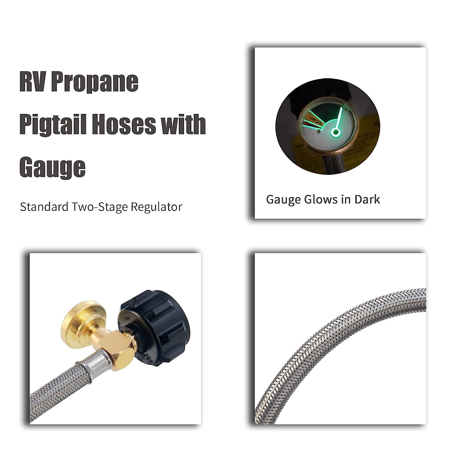 2 Packs 15 Inch Rv Propane Hoses With Gauge, Stainless Steel Braided Camper Tank BBQ Tools