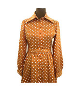 Vtg 1960s Dress Orange Polka Dot Button Long Sleeve Collar Belted Secret... - $39.99